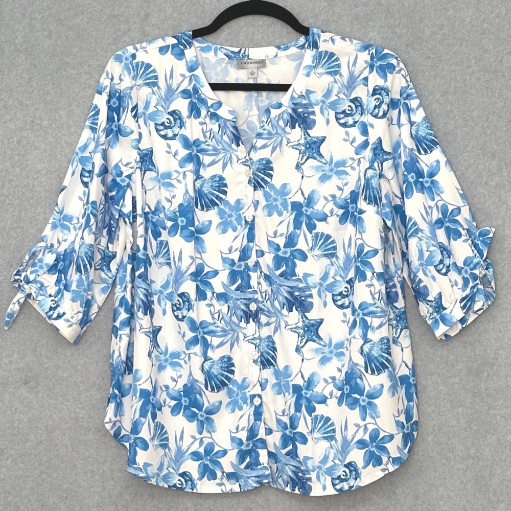 Catherines Womens Top Plus 1X Ivory Blue Floral Button Up Lightweight Comfort